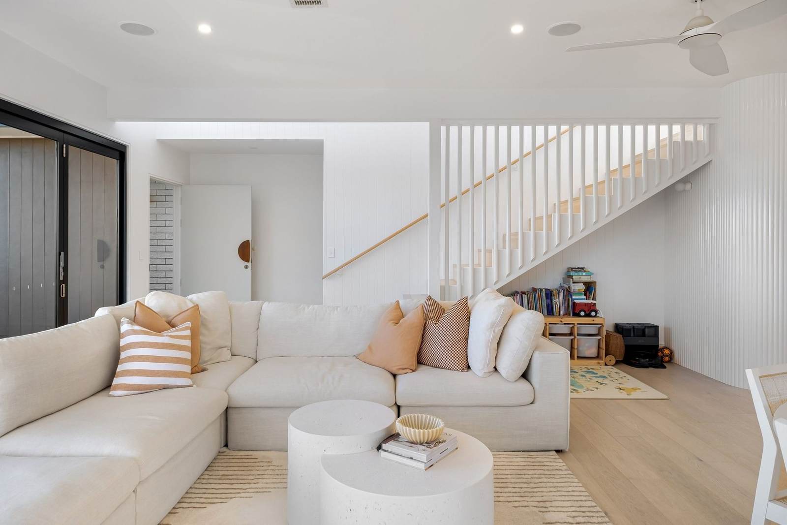 Pale oak plank floor in a bright living room